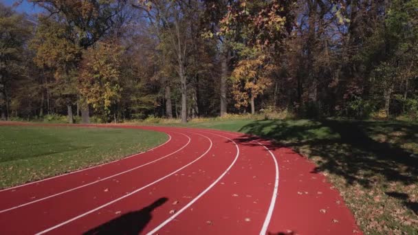 Muž v oranžovém sportovním oblečení běžící na závodní dráze, letecký výhled. Běžci běhají na stadionu. Aktivní sportovní cvičení na podzim venku. Zdravý životní styl - Záběry, video