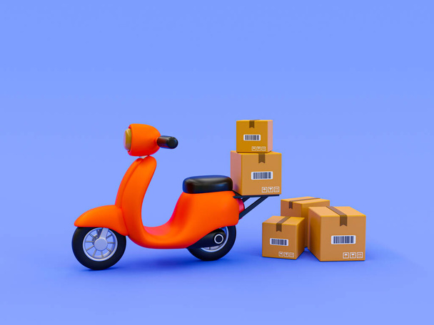 3d minimale Produktlieferung. Pakettransport. Warenverteilung. Frachtvorbereitung für den Versand. Motorrad mit einem Stapel Kartons. 3D-Darstellung. - Foto, Bild
