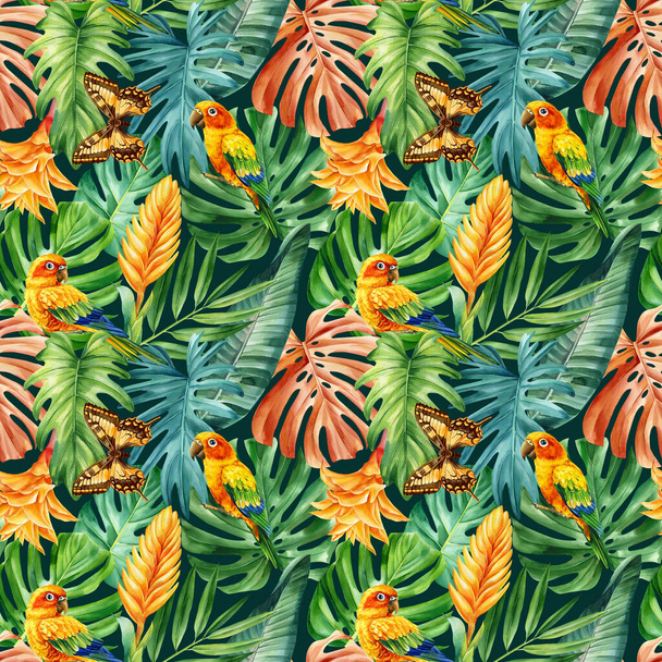 Barevné palmové listy, tropické pozadí, ručně kreslené akvarelové botanické malby. Bezešvé vzory, tapety z džungle. Vysoce kvalitní ilustrace - Fotografie, Obrázek