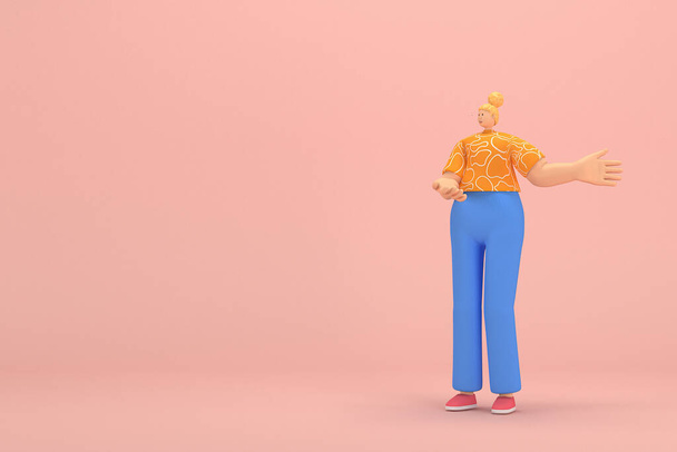 A nő arany hajjal, kék kordbársonynadrágban és narancssárga pólóban, fehér csíkokkal. Ő a kéz kifejezése, amikor beszél. 3D-s renderelés rajzfilm karakter színészi. - Fotó, kép