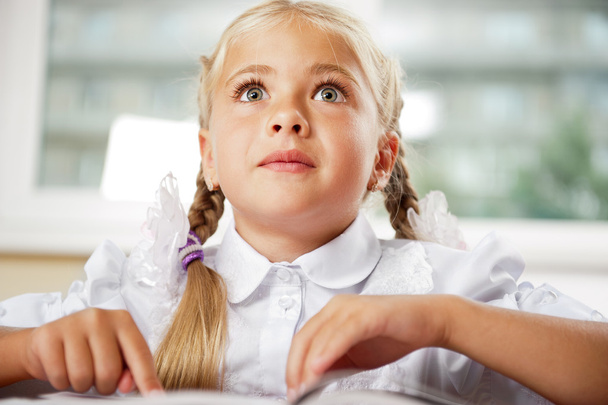 Portrait of a young girl in school at the desk. - Foto, immagini
