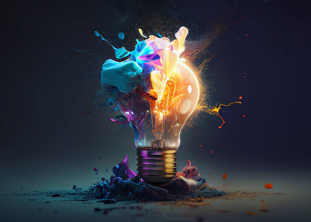 Creative light bulb explodes with colorful paint and splashes on a black background. Think differently creative idea concept - Photo, Image
