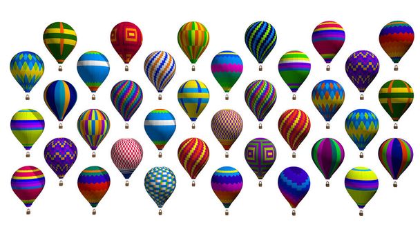Frontansicht einer Gruppe von Heißluftballons mit lebhaften Farben und geometrischen Mustern, die vor weißem Hintergrund schweben. 3D-Illustration - Foto, Bild