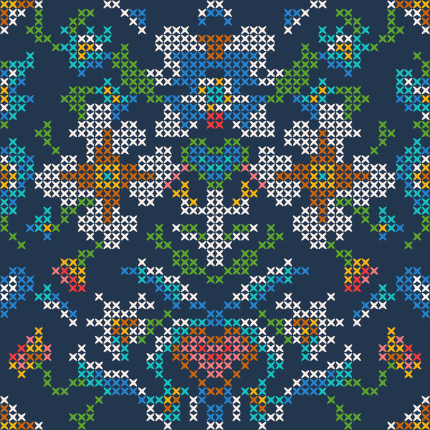 Floreale Vintage Croce Stitch tribale modello senza cuciture sul blu marino - Vettoriali, immagini
