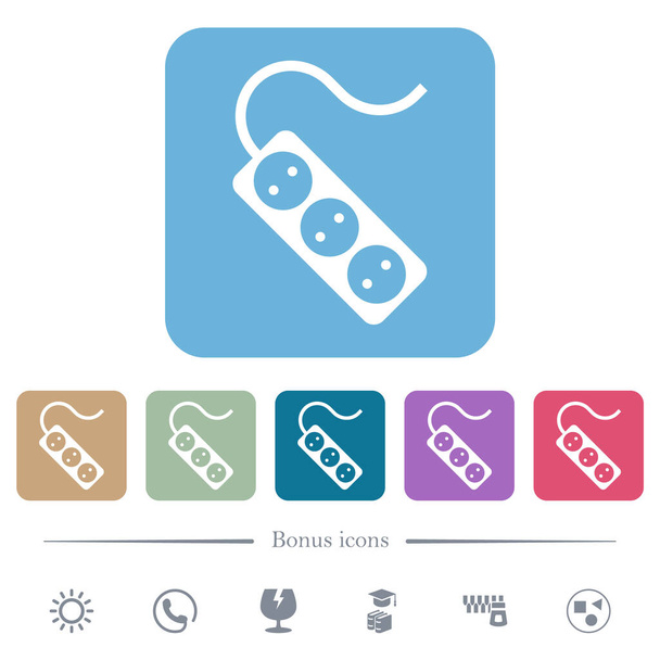 Портативная электрическая розетка с тремя розетками и твёрдыми белыми иконками шнура на цветном округленном квадратном фоне. 6 бонусных значков - Вектор,изображение