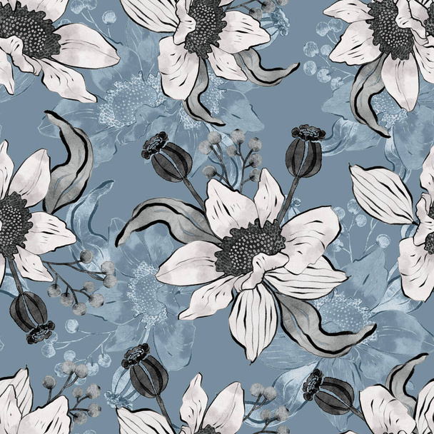 Seamless pattern with large white flowers on a blue background. - Photo, Image