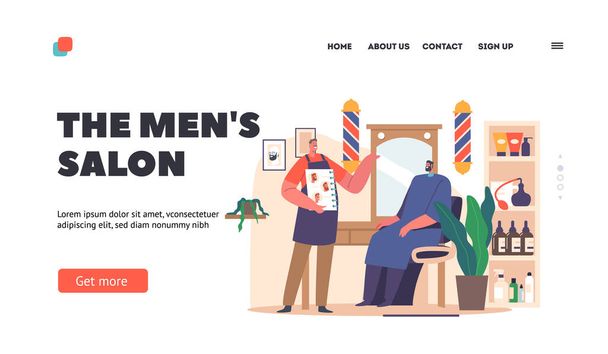 Barbershop Services, Men Salon Landing Page Template. Barber Offer to Client Beards Styles Showing Samples in Palette. Hairdresser Master and Customer Communication. Cartoon eople Vector Illustration - Vector, Image