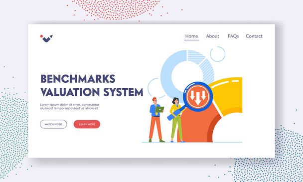 Benchmarks Valuation System Landing Page Template. Tiny Business Characters with Huge Magnifier Testing and Analyzing Reports, Target, Company Success at Rate Scale. Cartoon People Vector Illustration - Vector, Image