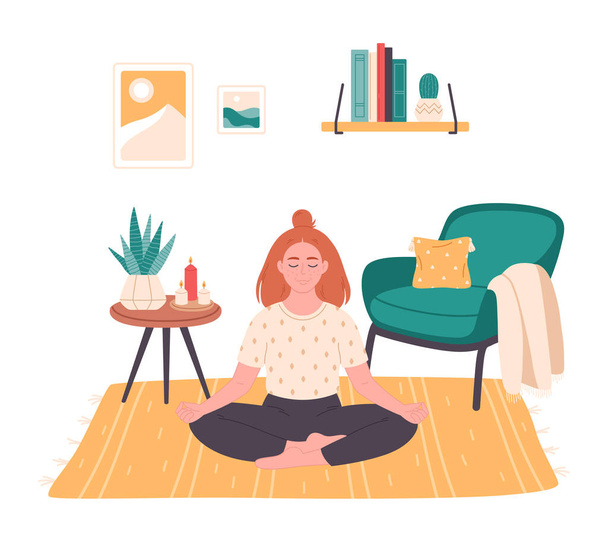 Woman sitting in lotus pose and meditating at home. Mental health care, relaxation, recreation, yoga practicing. Cute interior with modern furniture. Vector illustration - Vector, Image