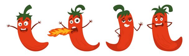 Характер червона гостра чілі-пепер. Hot Mexican Jalapeno with Smiling or Worried Face, Extremely Super Hot Chili with Burning Fire, Happy Mexican Food Personage, Mascot. Cartoon Vector Illustration - Вектор, зображення