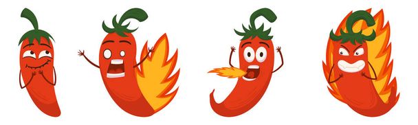 Rendkívül forró vörös fűszeres chili paprika karakter. Forró mexikói Jalapeno mosolygós vagy kiabáló arccal, Cayenne Chili égő tűzzel, Mexikói Élelmiszer Kabala Személyiség. Rajzfilm vektor illusztráció - Vektor, kép