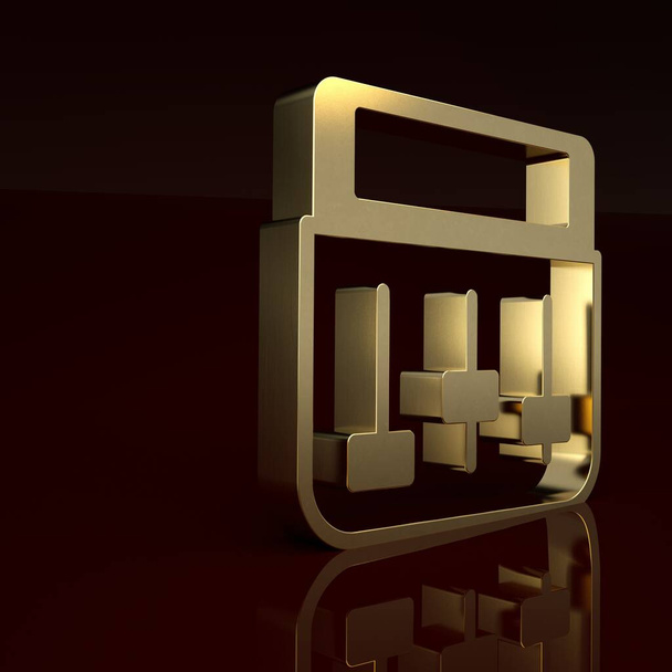 Máquina de tambor de ouro ícone de equipamento produtor de música isolado no fundo marrom. Conceito de minimalismo. ilustração renderização 3D. - Foto, Imagem