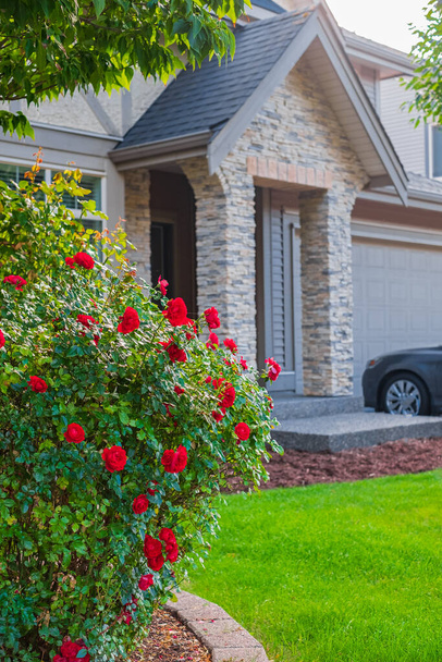 Eingang eines Luxus-Hauses mit Patio und wunderschöner Landschaft an einem hellen, sonnigen Tag. Immobilien Haus außen. Garten mit roten Rosen vor Einfamilienhaus - Foto, Bild