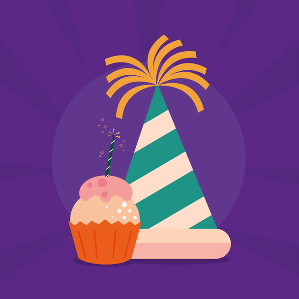 aniversário chapéu e cupcake celebração - Vetor, Imagem