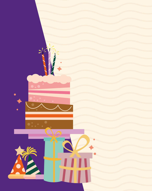 anniversaire gâteau sucré et chapeaux célébration - Vecteur, image