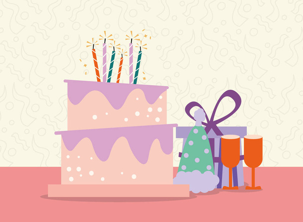 banner with birthday cake and hat - Vector, Image