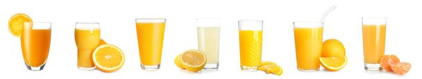 Collage of glasses with tasty citrus juice on white background - Fotoğraf, Görsel