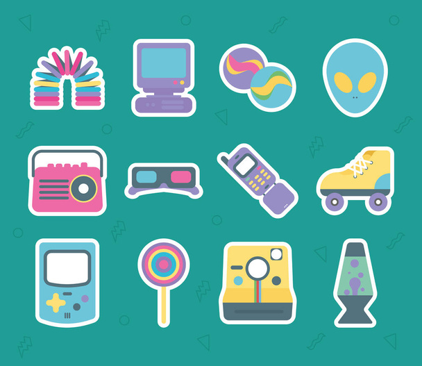 twelve objects nineties style icons - Vector, Image