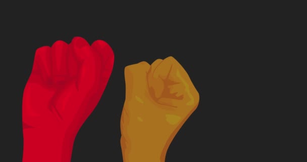 Zwarte Geschiedenis Maand Gespannen, opgeheven vuisten op een demonstratie met groene rode en gele kleuren. Abstract Animatie. - Video