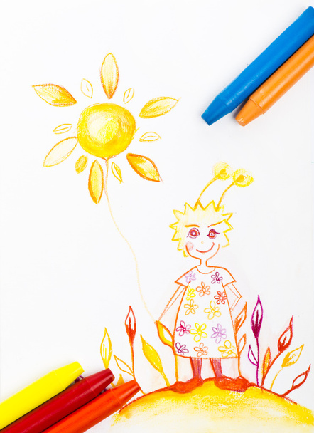 Kiddie style crayon drawing postcard with fresh colours - Photo, Image