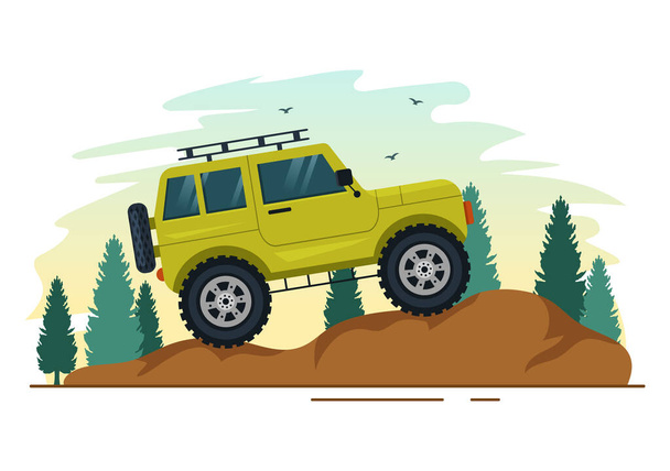 Внедорожное путешествие на автомобиле Jeep или внедорожнике по роковой местности, Риверс и Мбаппе в плоском спортивном мультфильме "Рисунок" - Вектор,изображение