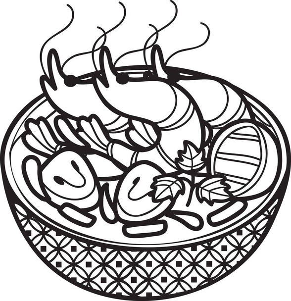 Soupe de crevettes épicée dessinée à la main ou illustration de nourriture thaïlandaise isolée sur fond - Vecteur, image