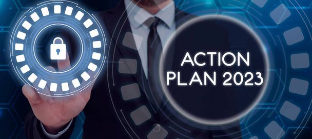 Inspiration zeigt Zeichen Aktionsplan 2023, Business-Ansatz zu tun Liste enthalten Anzahl der Dinge, die im nächsten Jahr getan werden müssen - Foto, Bild