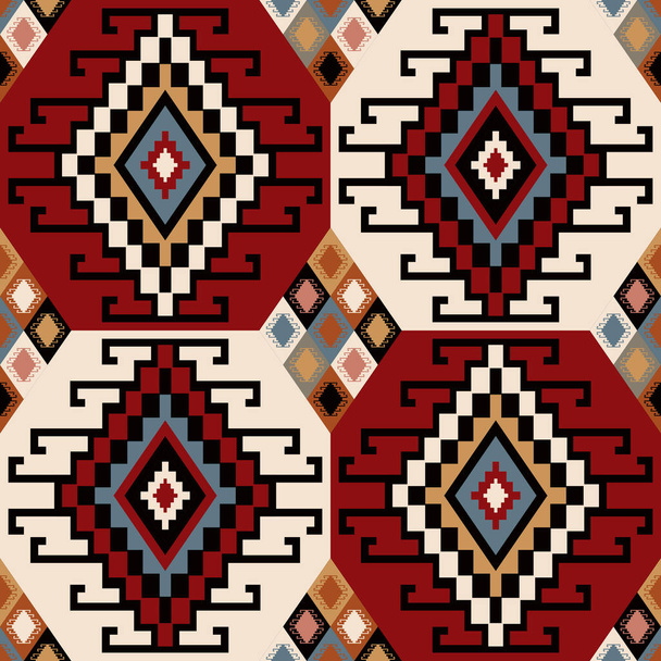 カラフルな民族幾何学模様。ベクトルアステックキリム幾何学的な正方形のダイヤモンドの形シームレスパターン。生地、繊維、家庭の装飾要素、張り、包装のためのカラフルなトルコのパターンの使用. - ベクター画像
