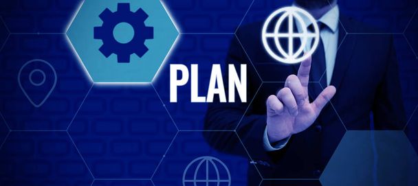 Tekst met inspiratie Plan, Business concept Begin van een gedetailleerd voorstel om iets te doen of te bereiken - Foto, afbeelding