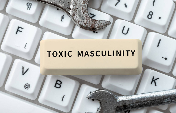Εγγραφείτε επιδεικνύοντας Toxic Masculinity, Επιχειρηματική έννοια περιγράφει στενό κατασταλτικό είδος των ιδεών σχετικά με το ρόλο του ανδρικού φύλου - Φωτογραφία, εικόνα