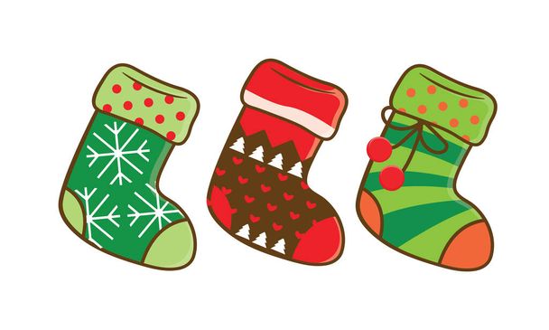 Una serie di calzini di Natale per la vacanza. Cartone animato. Design piatto. Vettore - Vettoriali, immagini