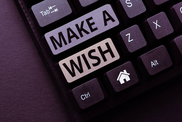 Inspiráció mutató jel Make A Wish, Üzleti ötlet, hogy vágy egy olyan helyzet, amely eltér a létező - Fotó, kép
