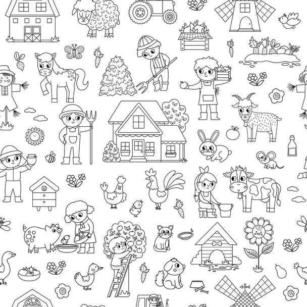 Vector black and white farm seamless pattern. Rural countryside outline repeat background with funny farmers, barn, animals, birds, tractor. Village or garden digital paper or coloring pag - Vektor, kép