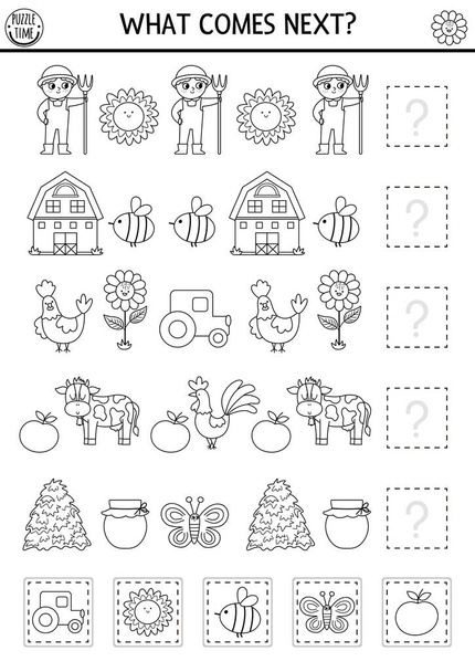 What comes next. Black and white farm matching activity with traditional country symbols. Funny line rural village puzzle. On the farm logical worksheet. Continue the row coloring gam - Vetor, Imagem