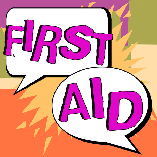 Ручной знак "Первая помощь", "Деловой подход" Практика заживления небольших порезов, не требующих медицинского обучения - Фото, изображение