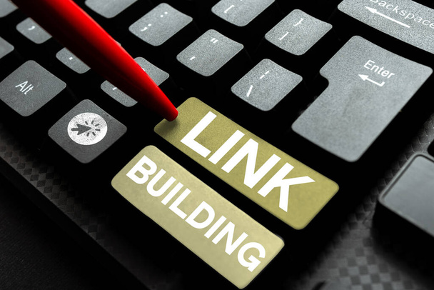 Señal mostrando Link Building, Internet Concept SEO Término Intercambio Enlaces Adquirir Hipervínculos Indizados - Foto, imagen