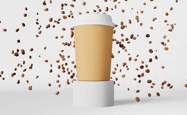 Paper coffee cup white lid falling beans podium 3D rendering. Coffee shop discount demonstration delivery Hot drinks sale banner. Merchandise promo design. Blank disposable cup template flying arabica - Fotó, kép