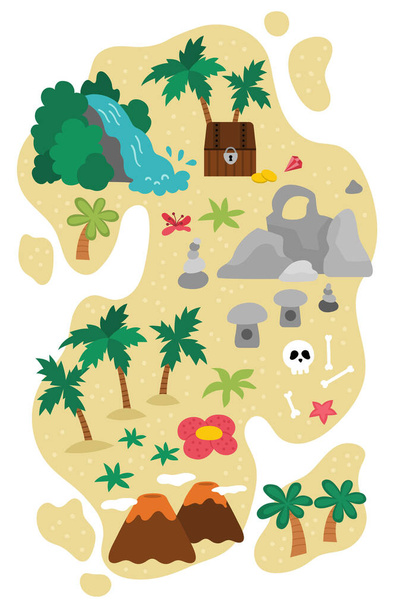 Εικονίδιο τροπικού νησιού. Χαριτωμένο νησί της θάλασσας με άμμο, φοίνικες, ηφαίστειο, βράχους, καταρράκτη εικονογράφηση. Φωτογραφία νησιού θησαυρού με στήθος, χρυσά νομίσματα, κρανίο, οστά. Αστεία πειρατής κόμμα elemen - Διάνυσμα, εικόνα