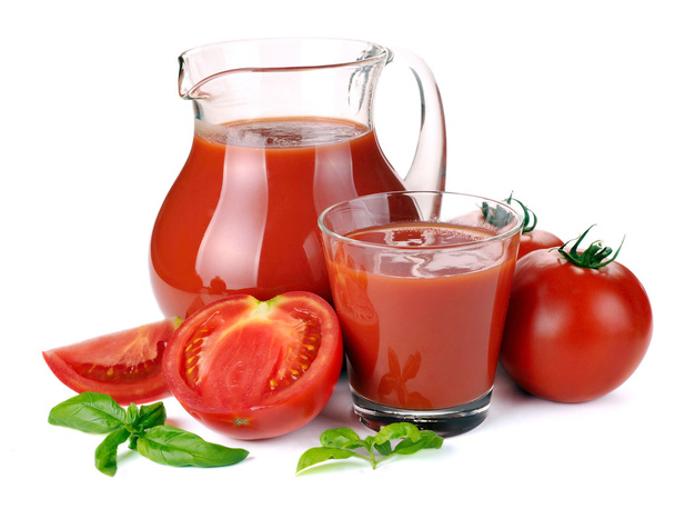 Krug, Glas Tomatensaft und Früchte - Foto, Bild