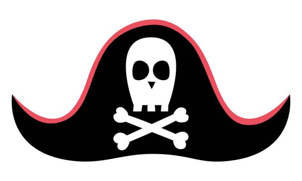 Pirate hat icon. Black cocked accessory with skull and crossed bones. Marine treasure hunt headwear isolated on white backgroun - Vector, Imagen