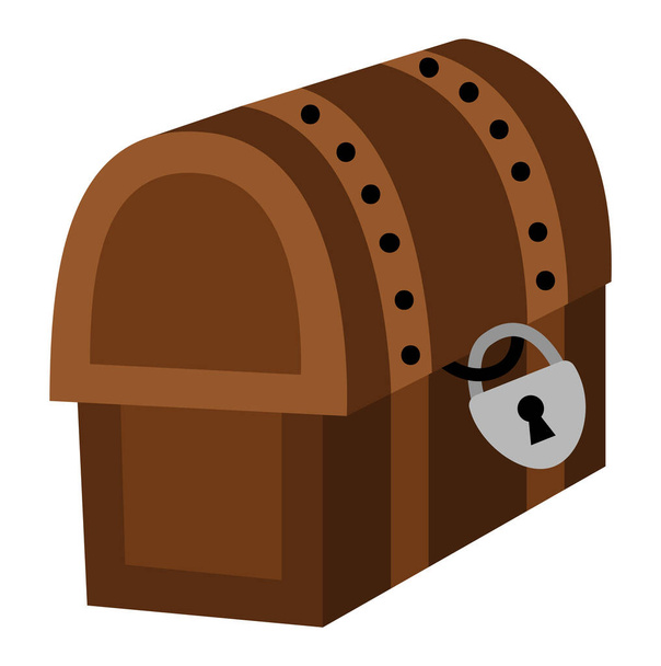 Значок сундука. Пиратский деревянный сундук с драгоценностями и замком. Элемент острова сокровищ изолирован на белом фоне. Старая закрытая деревянная коробка - Вектор,изображение