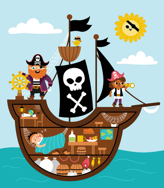 Vector pirate ship scene. Raider vessel interior with pirates, cargo hold, cabin, captain office. Treasure hunt illustration with boat inside, sleeping sailor, parrot. Sea landscape for picture book - Wektor, obraz