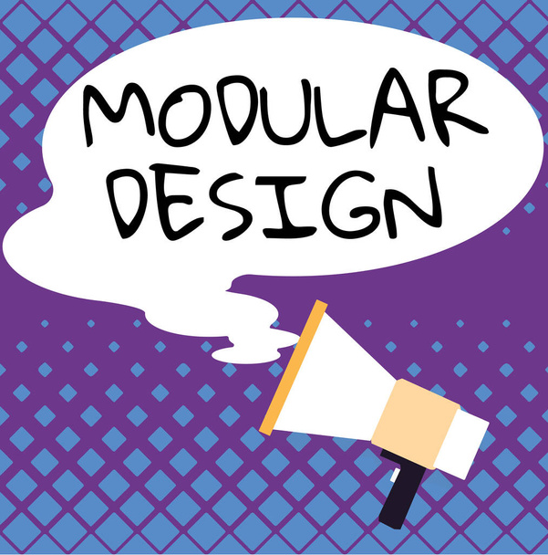 Sinal de texto mostrando design modular, projeto de produto de ideia de negócio para produzir produto integrando ou combinando peças independentes - Foto, Imagem