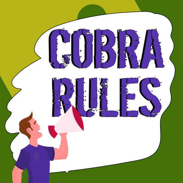 Hand writing sign Cobra Κανόνες, Business έννοια δίνει στους εργαζόμενους που χάνουν τα οφέλη για την υγεία τους για να πάρει τα οφέλη για την υγεία - Φωτογραφία, εικόνα
