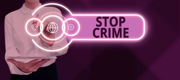 Inspiration montrant signe Stop Crime, Mot pour l'effort ou la tentative de réduire et de dissuader la criminalité et les criminels - Photo, image