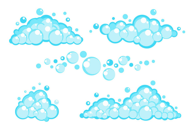 Soap foam set with bubbles. Carton light blue suds of bath water, shampoo, shaving, mousse. Vector illustration isolated on white background - Vector, Image