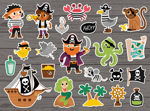 Vector pirate stickers set. Cute sea adventures patches icons collection. Treasure island illustrations with ship, chest, map, parrot, monkey, map. Funny pirate party elements on wooden backgroun - Vettoriali, immagini