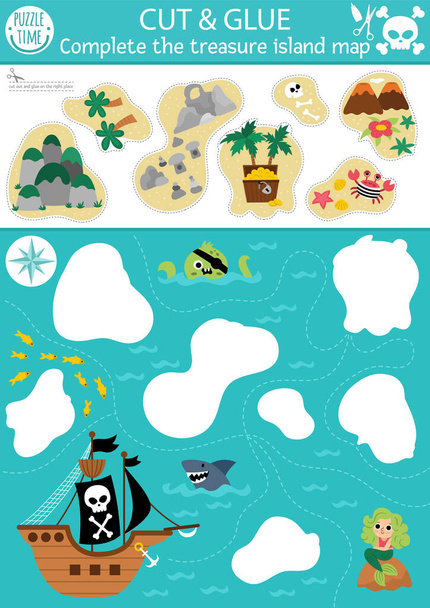 Vector pirate cut and glue activity. Crafting game with cute island map and sea landscape. Fun treasure hunt printable worksheet for children. Find the right piece of the puzzle. Complete the pictur - Wektor, obraz
