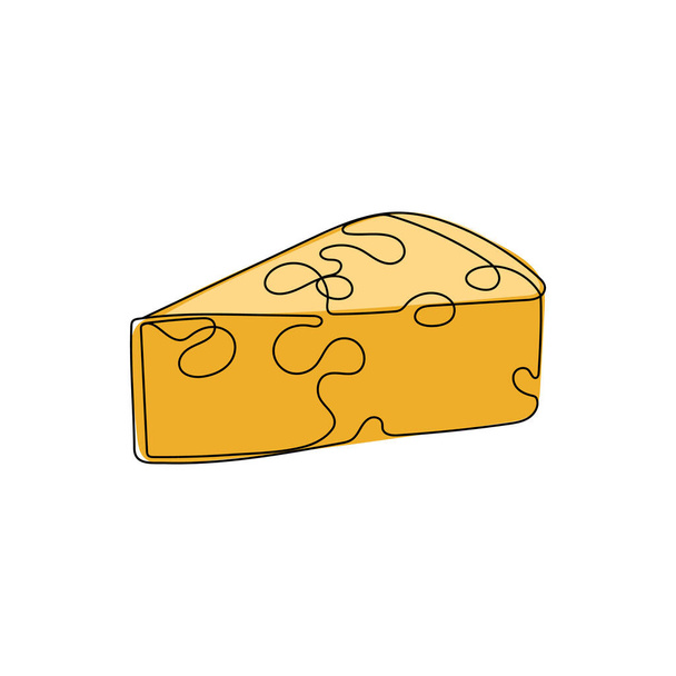 Piece of yellow cheese with holes in one line drawing style. Dairy, milk products. Hand drawn vector illustration. - Vector, Image