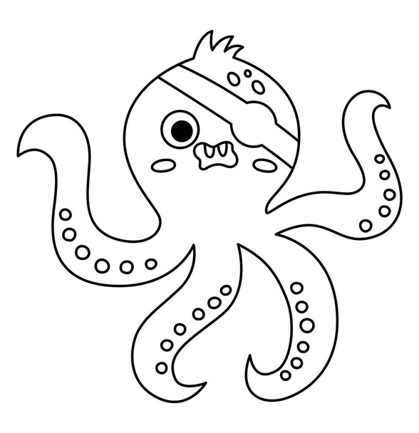 Vector black and white pirate octopus icon. Cute line sea animal illustration. Treasure island hunter with eye patch. Funny outline pirate party element for kids. Devilfish picture, coloring pag - Vektor, obrázek